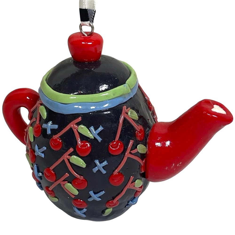 Mary Engelbreit Teapot Christmas Ornament Black Red Cherry Print Whimsy Kitsch